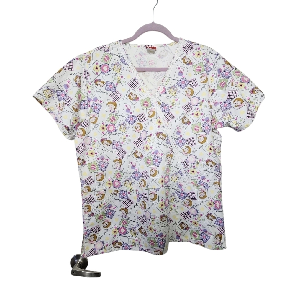 Denice Sweet Girl Lace Pink & Lavender V - Neck Women's Scrub Top Size L